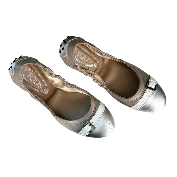 Tod's Shoes - Tod’s | Silver Taupe Leather Scrunch Ballet Flats Size 37